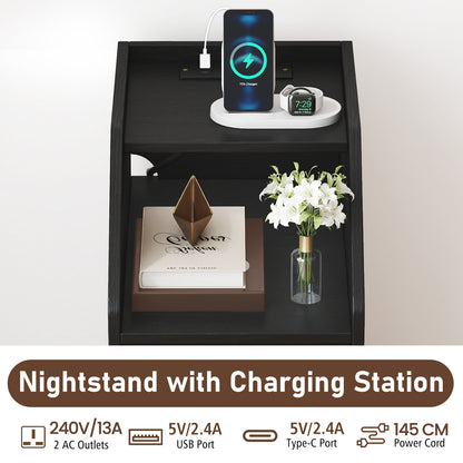 Set of 2 End Table with Charging Station and Storage Drawers for Small Space-Black
