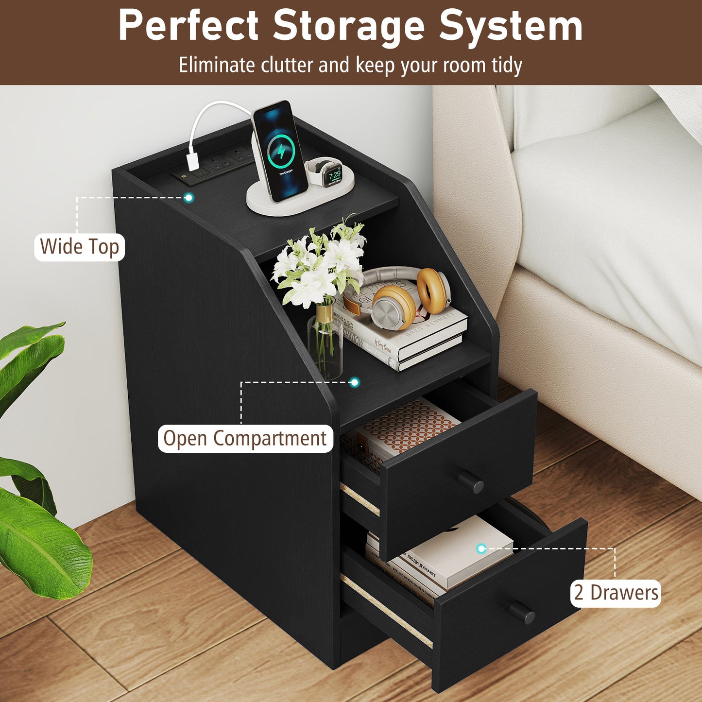 Set of 2 End Table with Charging Station and Storage Drawers for Small Space-Black