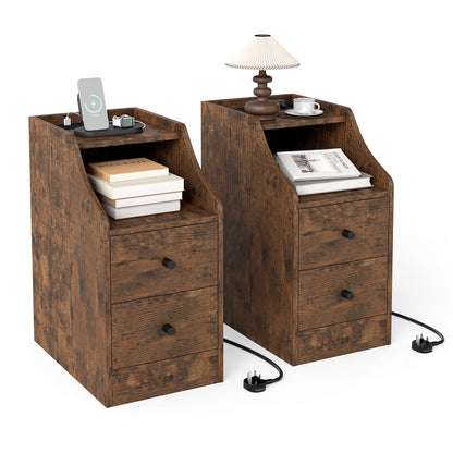 Set of 2 End Table with Charging Station and Storage Drawers for Small Space-Rustic Brown