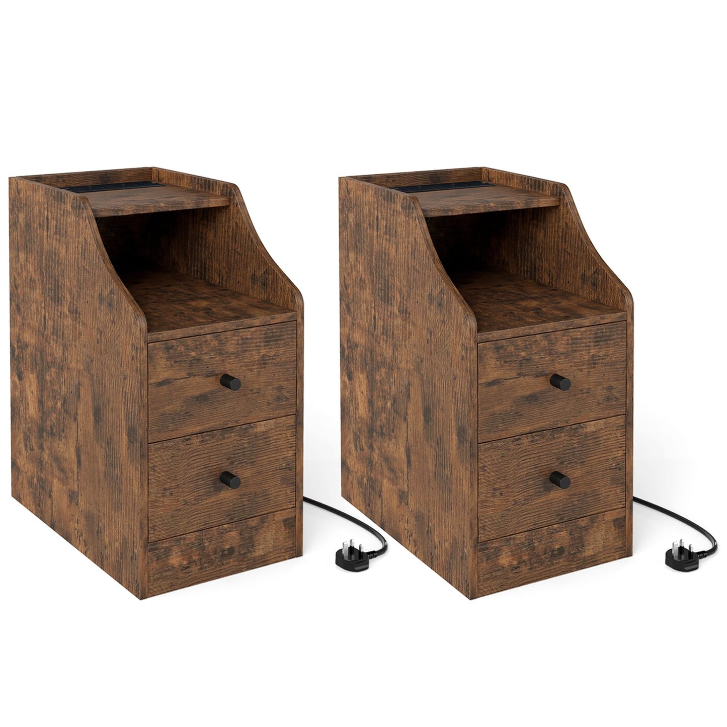 Set of 2 End Table with Charging Station and Storage Drawers for Small Space-Rustic Brown