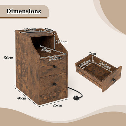 Set of 2 End Table with Charging Station and Storage Drawers for Small Space-Rustic Brown