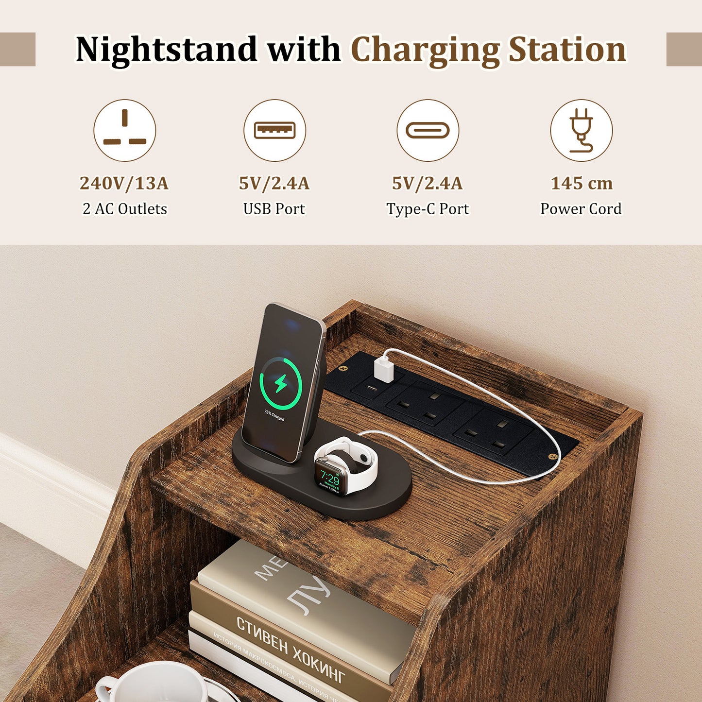 Set of 2 End Table with Charging Station and Storage Drawers for Small Space-Rustic Brown