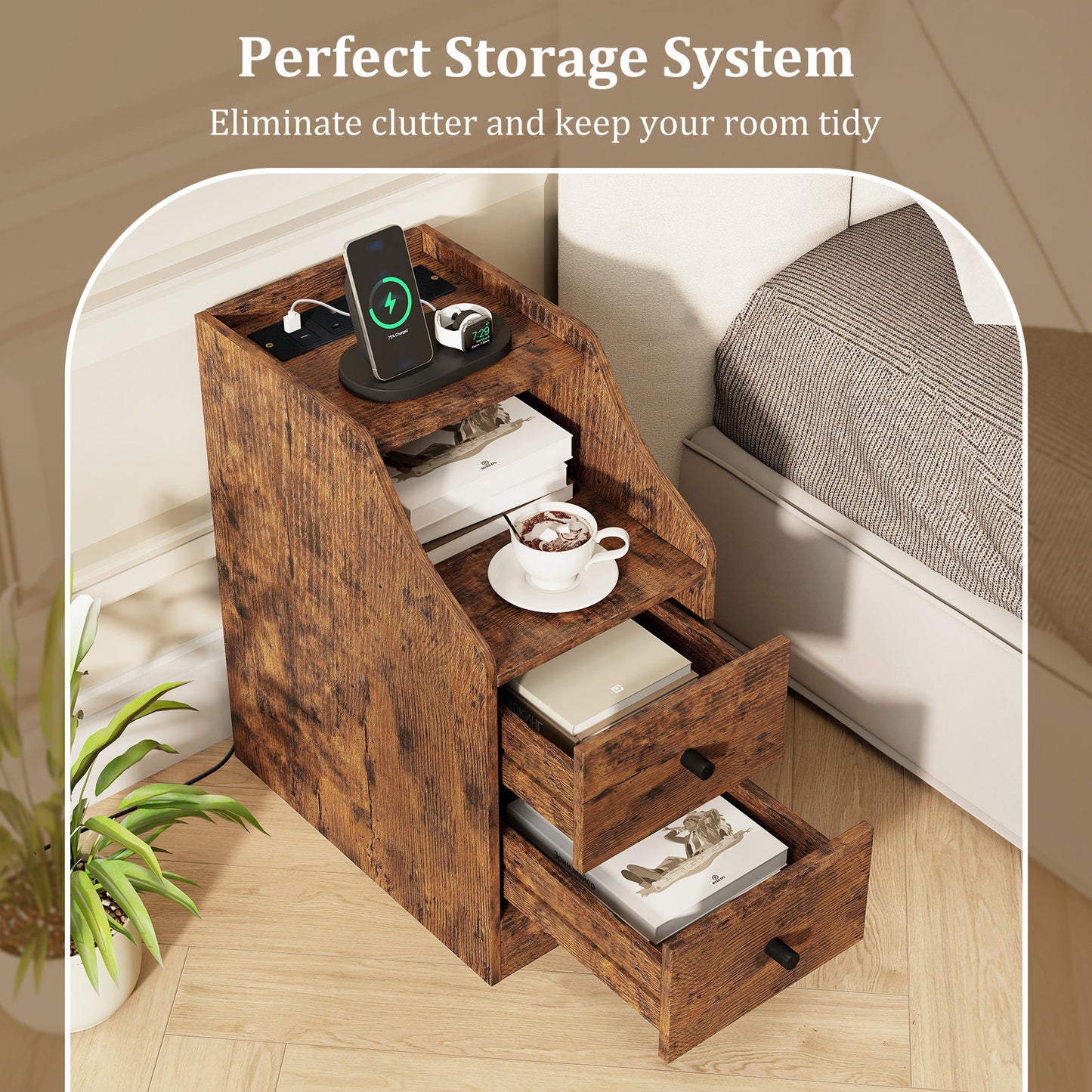 Set of 2 End Table with Charging Station and Storage Drawers for Small Space-Rustic Brown