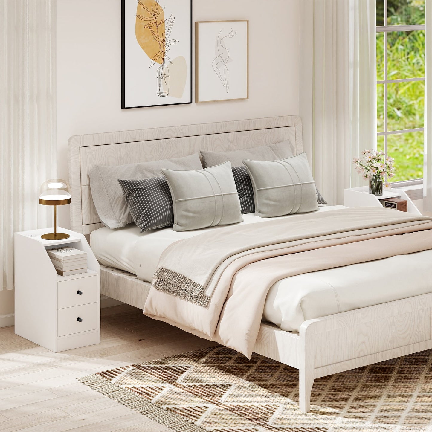 Set of 2 End Table with Charging Station and Storage Drawers for Small Space-White