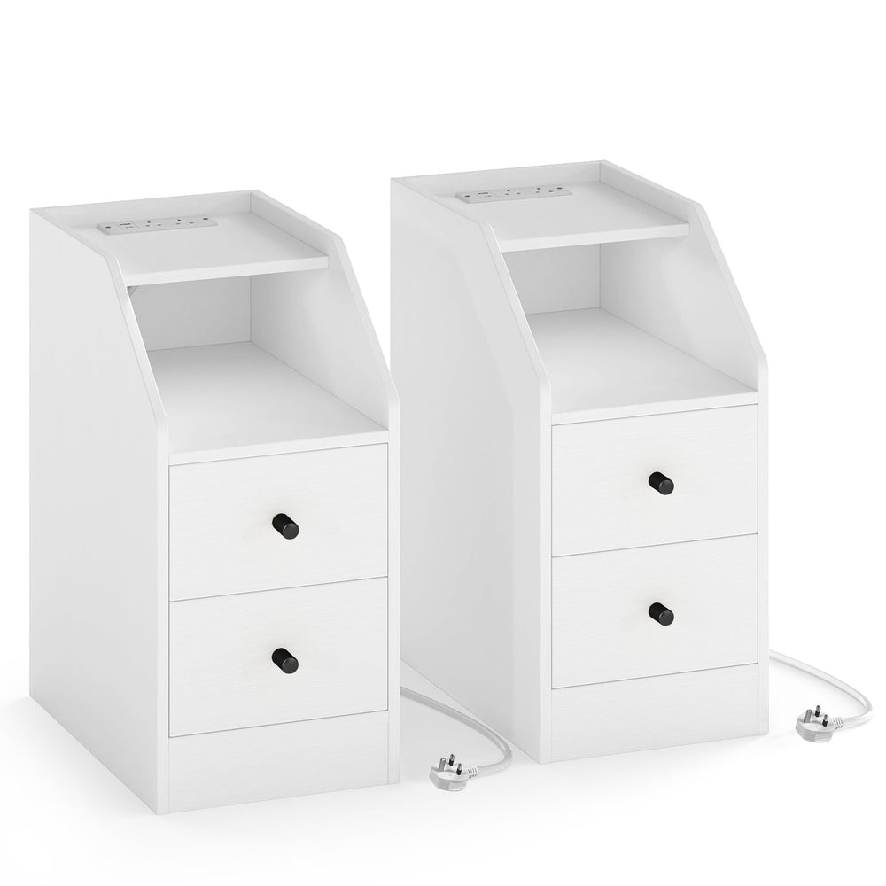 Set of 2 End Table with Charging Station and Storage Drawers for Small Space-White