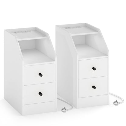 Set of 2 End Table with Charging Station and Storage Drawers for Small Space-White