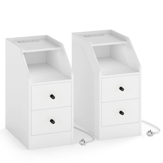 Set of 2 End Table with Charging Station and Storage Drawers for Small Space-White