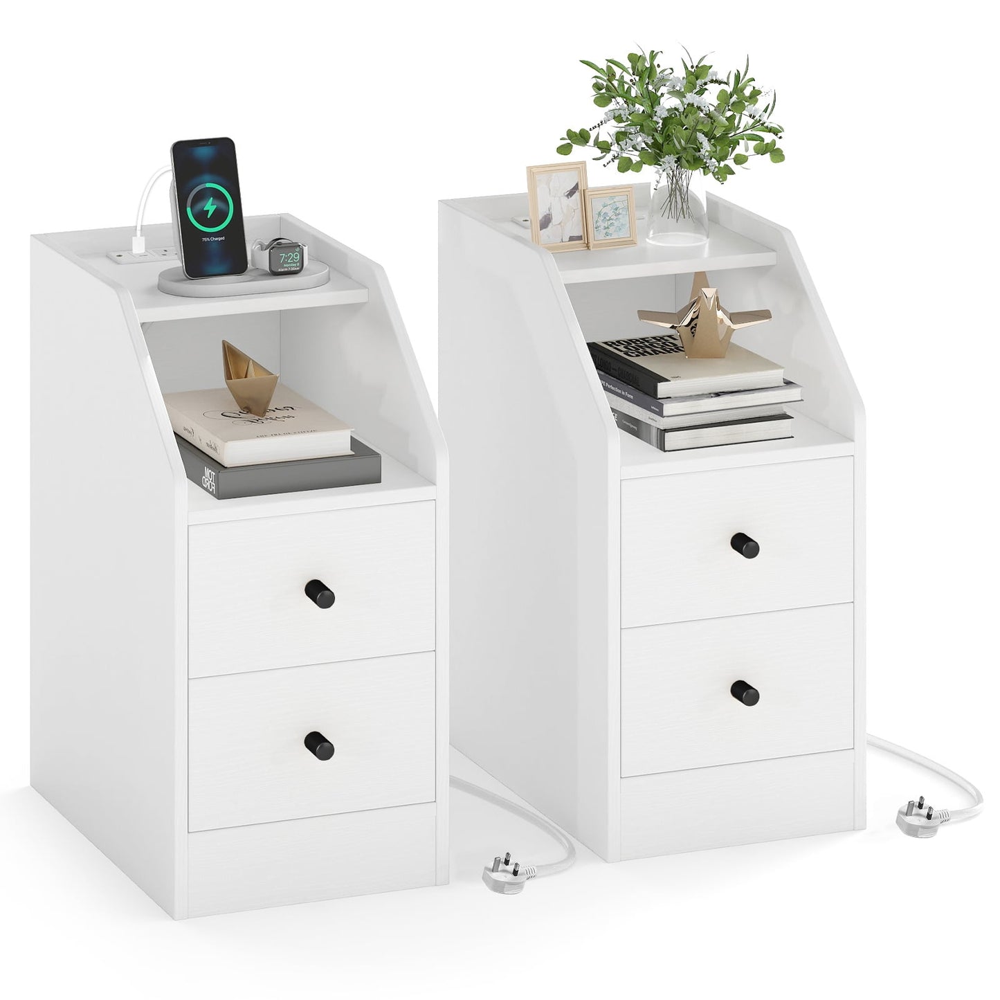 Set of 2 End Table with Charging Station and Storage Drawers for Small Space-White