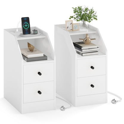 Set of 2 End Table with Charging Station and Storage Drawers for Small Space-White