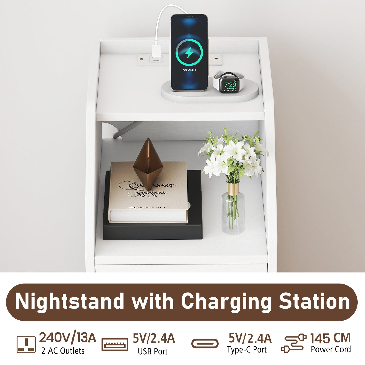 Set of 2 End Table with Charging Station and Storage Drawers for Small Space-White