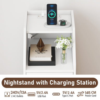 Set of 2 End Table with Charging Station and Storage Drawers for Small Space-White