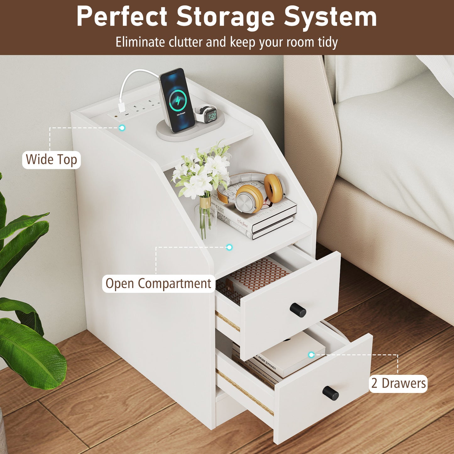 Set of 2 End Table with Charging Station and Storage Drawers for Small Space-White