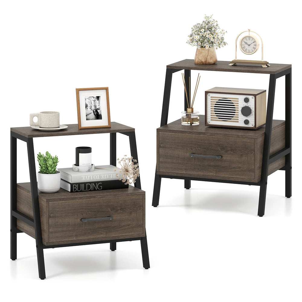 Set of 2 Farmhouse 3-Tier Nightstand with Drawer and Open Shelf-Grey