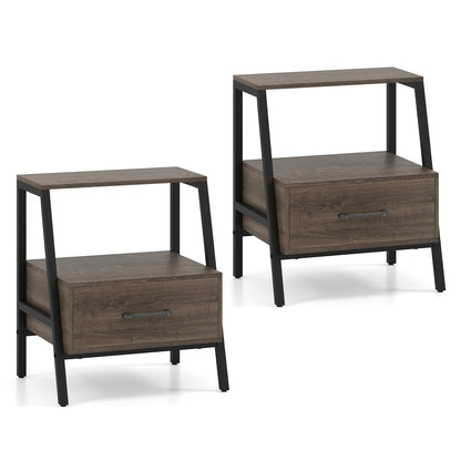 Set of 2 Farmhouse 3-Tier Nightstand with Drawer and Open Shelf-Grey