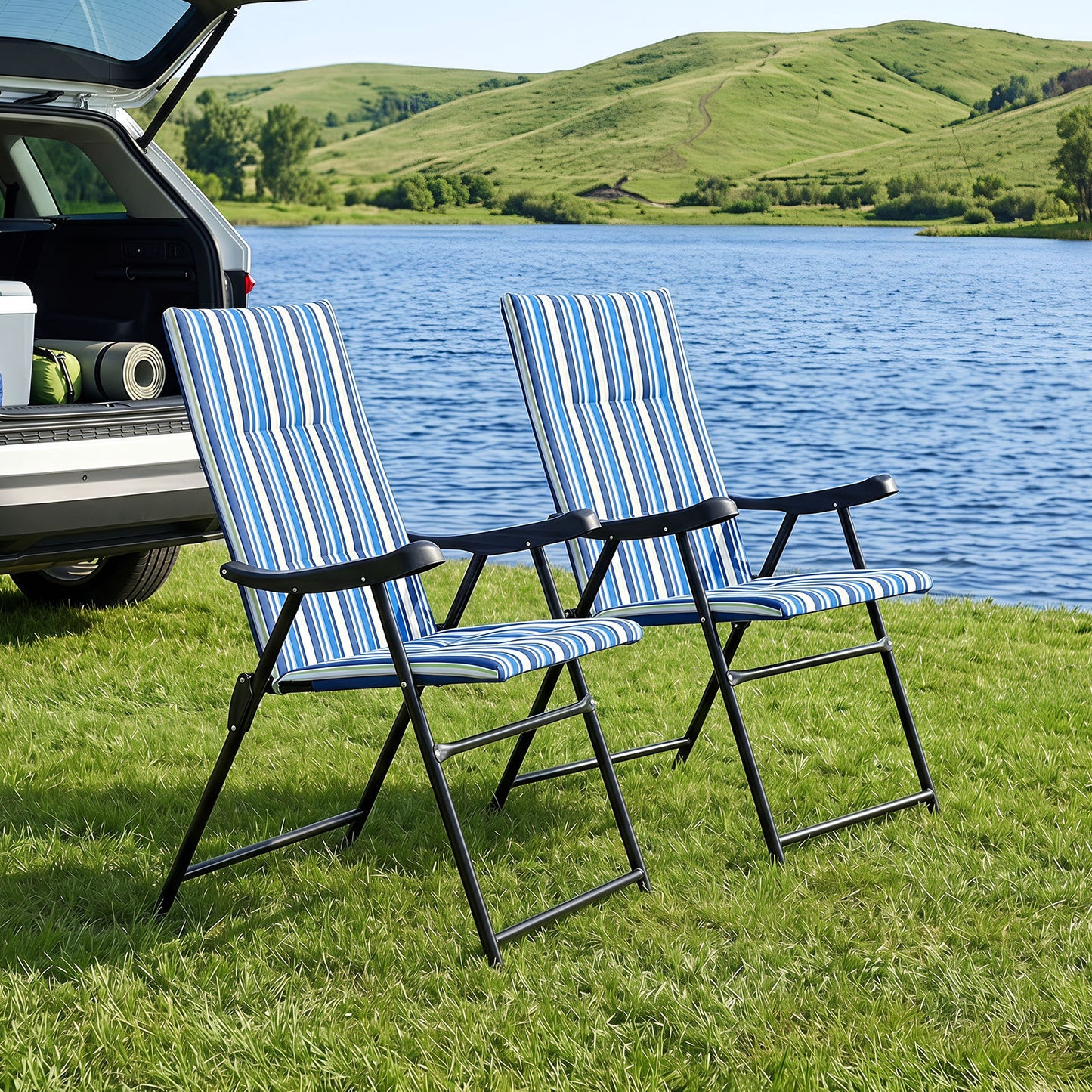 Set of 2 Foldable Beach Chairs with Armrests and Wide Seat-Blue