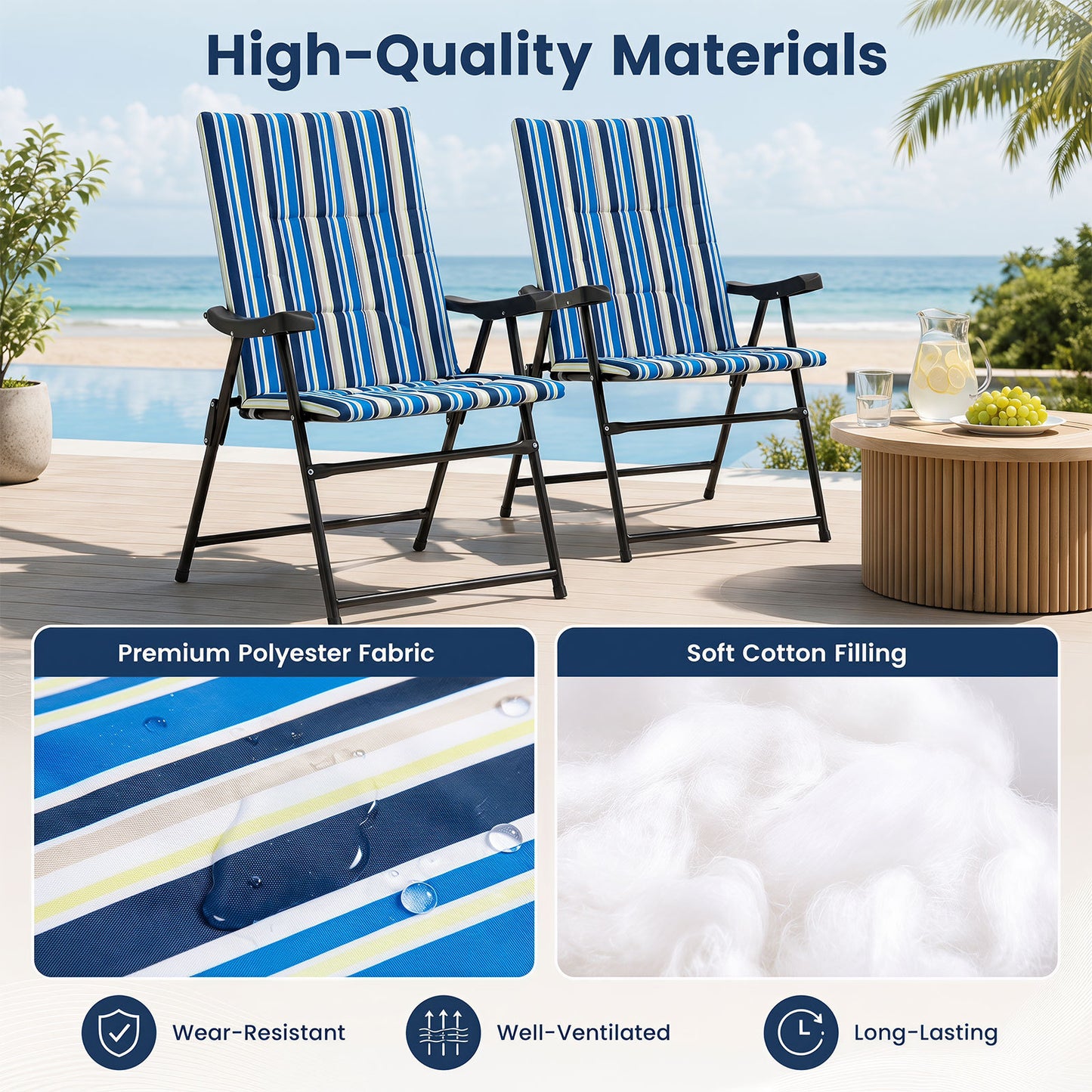 Set of 2 Foldable Beach Chairs with Armrests and Wide Seat-Blue