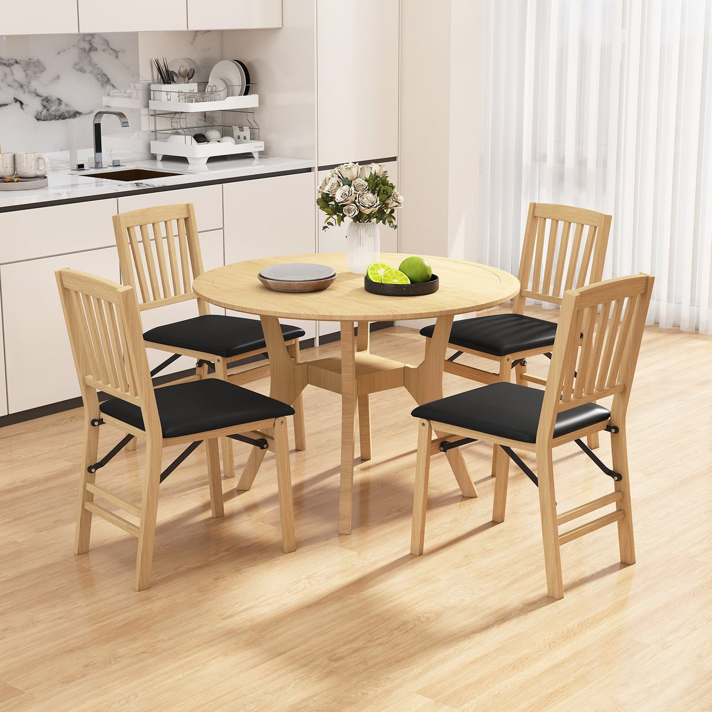 Set of 2 Folding Dining Chair with Rubber Wood Frame and Padded Seat-Black