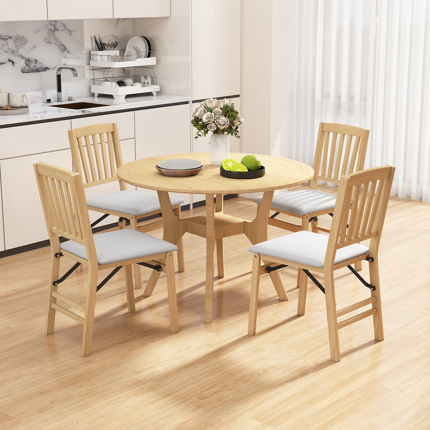 Set of 2 Folding Dining Chair with Rubber Wood Frame and Padded Seat-Light Grey