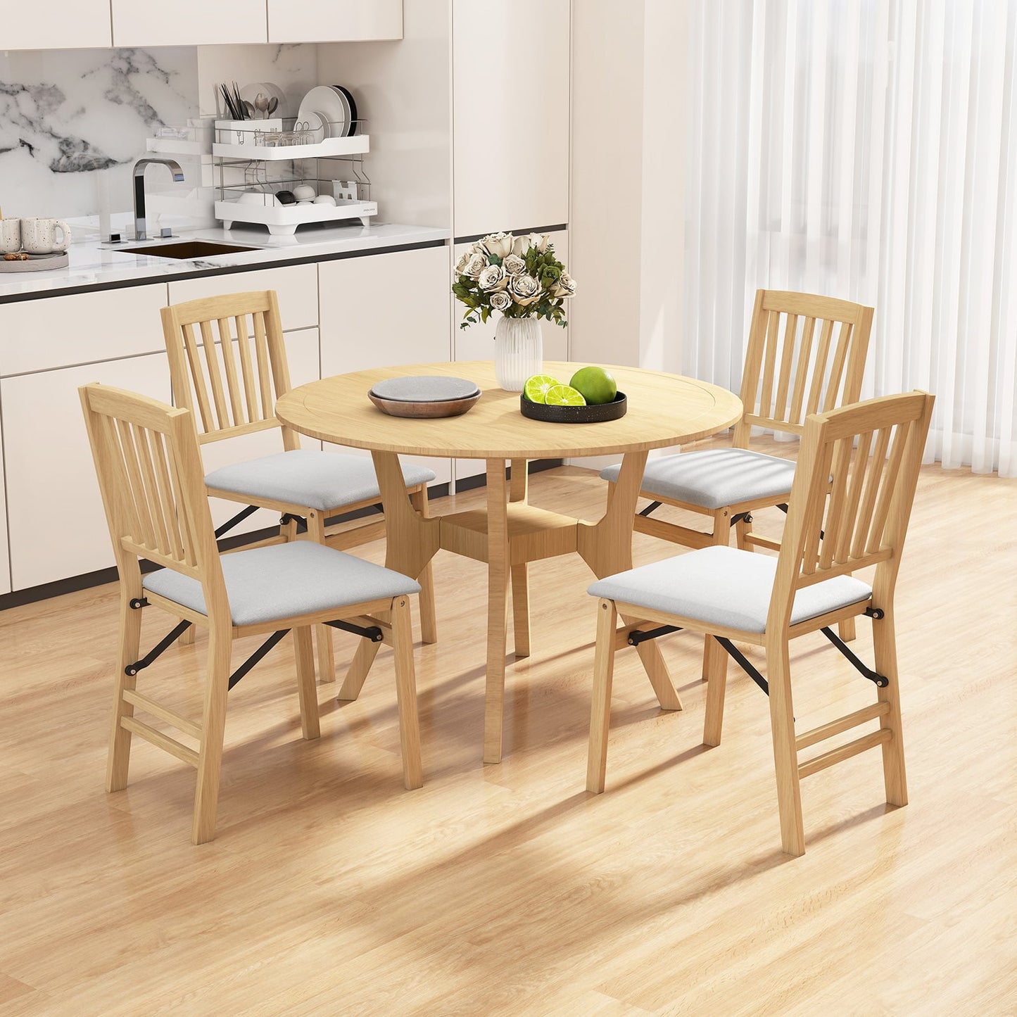 Set of 2 Folding Dining Chair with Rubber Wood Frame and Padded Seat-Light Grey