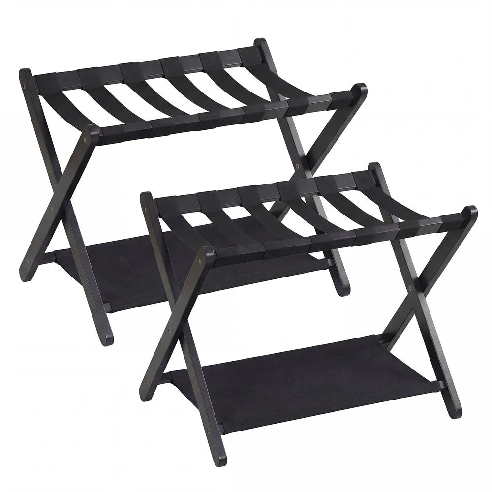 Set of 2 Folding Luggage Rack with Rubberwood Frame for Bedroom-Black