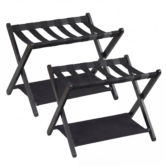 Set of 2 Folding Luggage Rack with Rubberwood Frame for Bedroom-Black