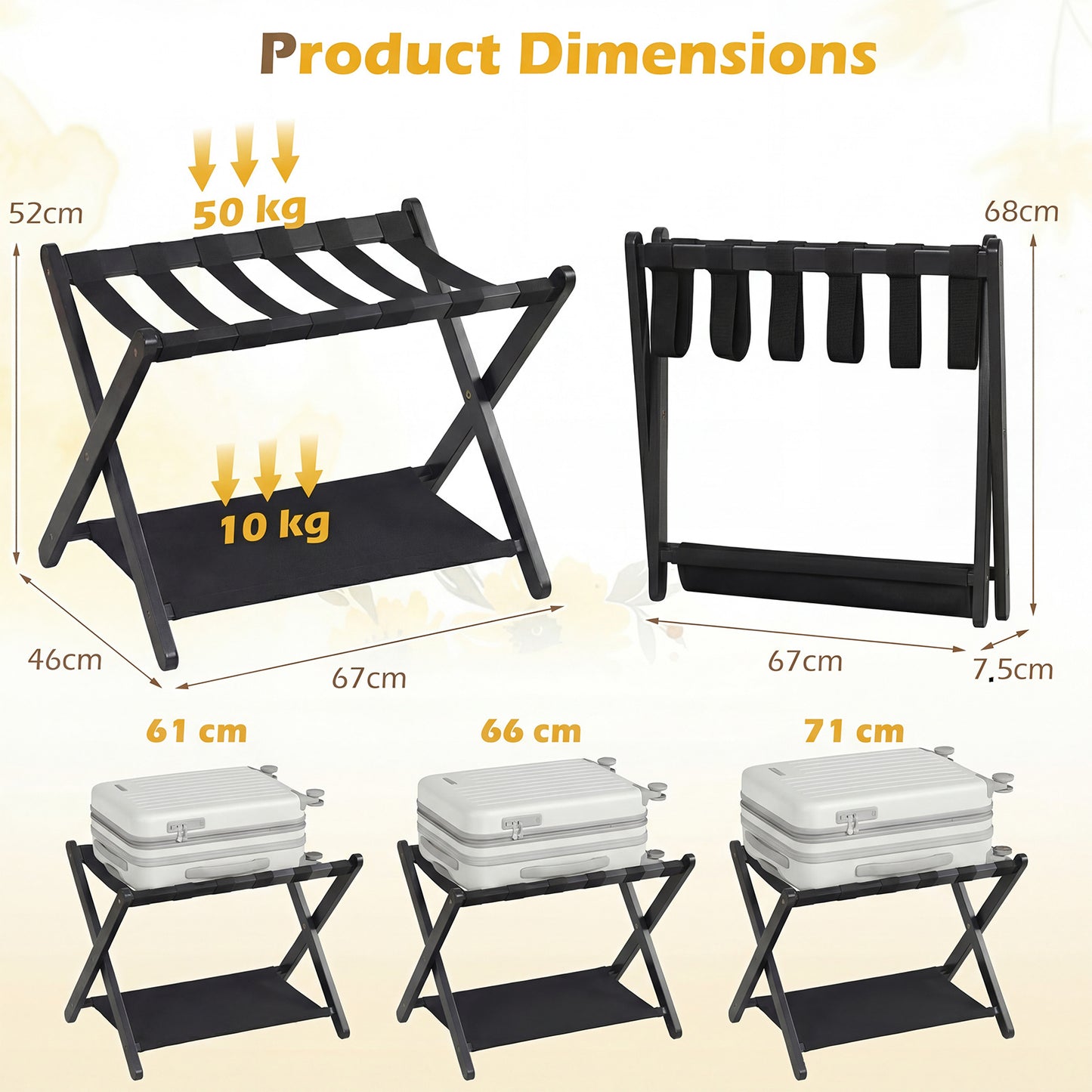 Set of 2 Folding Luggage Rack with Rubberwood Frame for Bedroom-Black