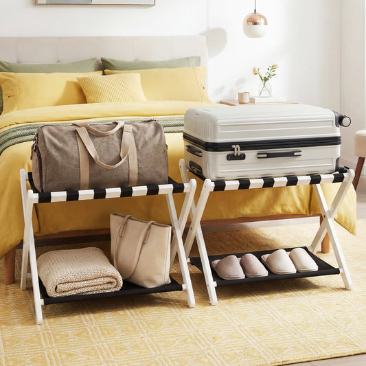 Set of 2 Folding Luggage Rack with Rubberwood Frame for Bedroom-White