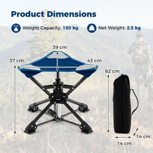 Set of 2 Folding Swivel Camping Hunting Stools with Anti-Sink Feet and Carry Bag-Blue