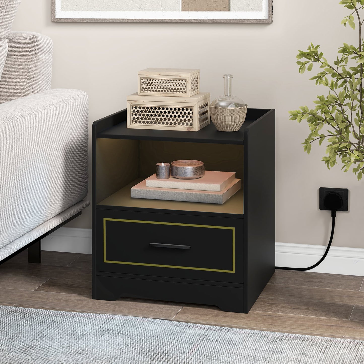 Set of 2 LED Nightstand with USB and Type-C Port-Black