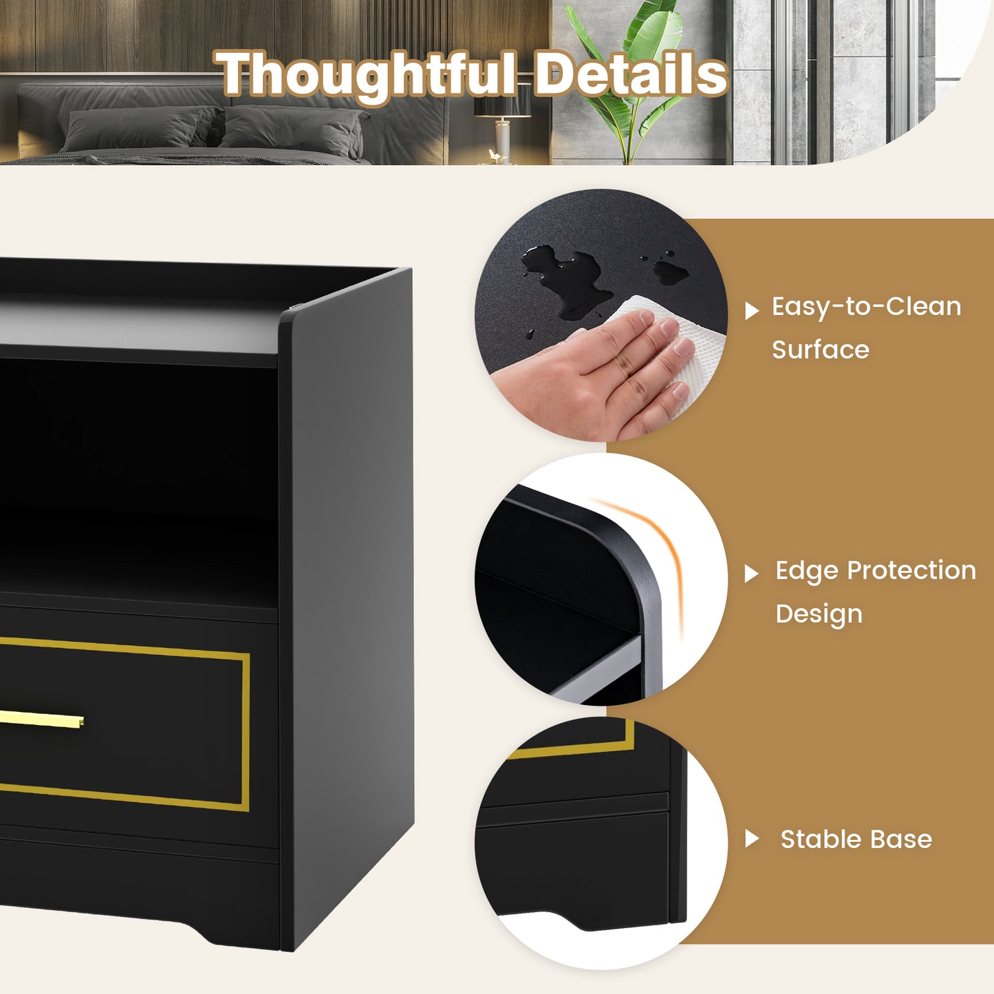 Set of 2 LED Nightstand with USB and Type-C Port-Black