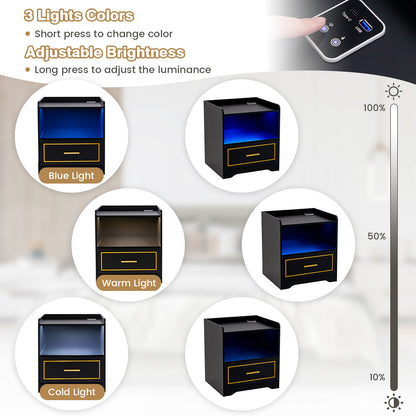 Set of 2 LED Nightstand with USB and Type-C Port-Black