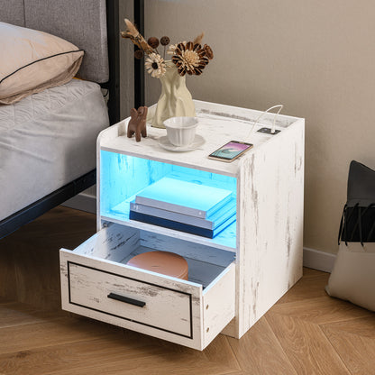 Set of 2 LED Nightstand with USB and Type-C Port-White