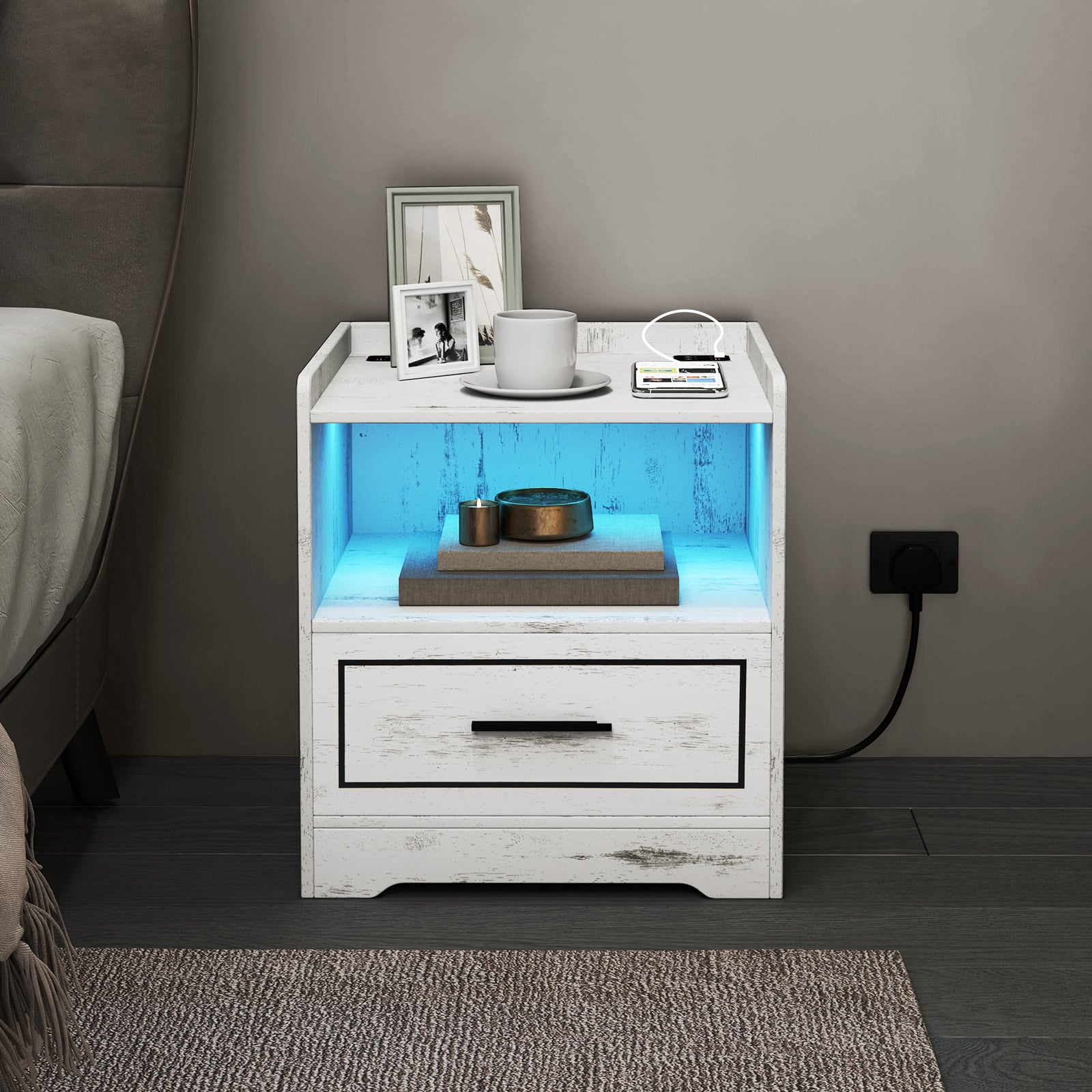 Set of 2 LED Nightstand with USB and Type-C Port-White