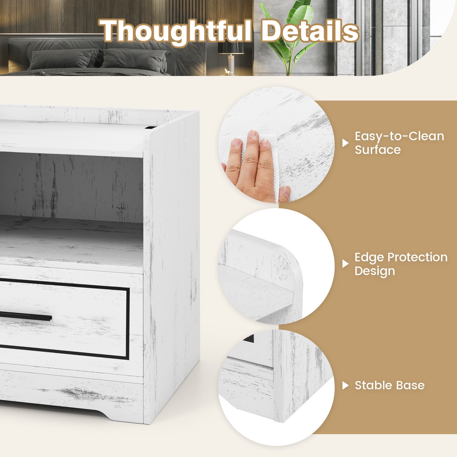 Set of 2 LED Nightstand with USB and Type-C Port-White