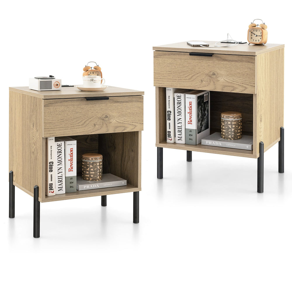 Set of 2 Mid Century Modern Nightstand with Charging Station and Open Compartment