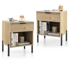 Set of 2 Mid Century Modern Nightstand with Charging Station and Open Compartment