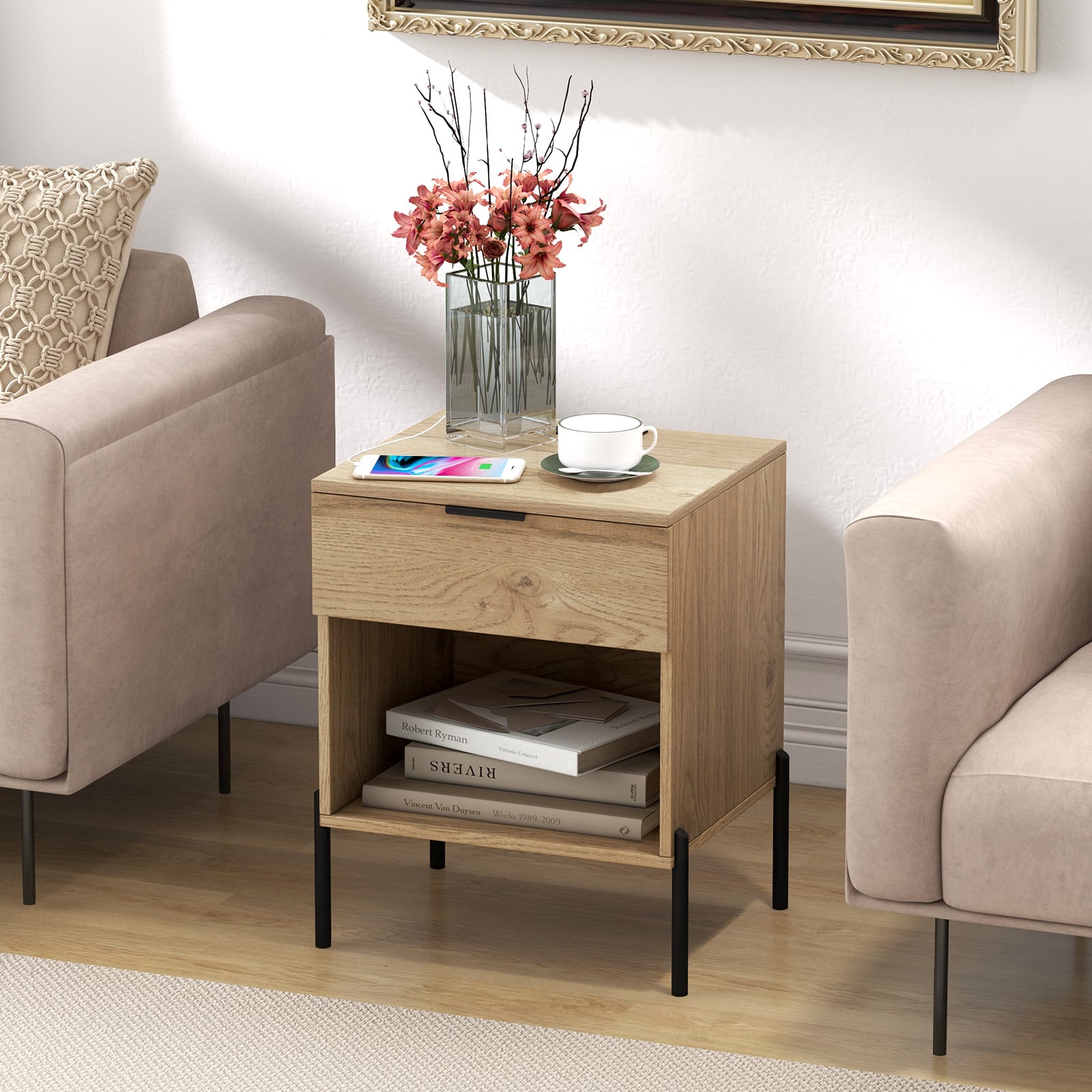 Set of 2 Mid Century Modern Nightstand with Charging Station and Open Compartment