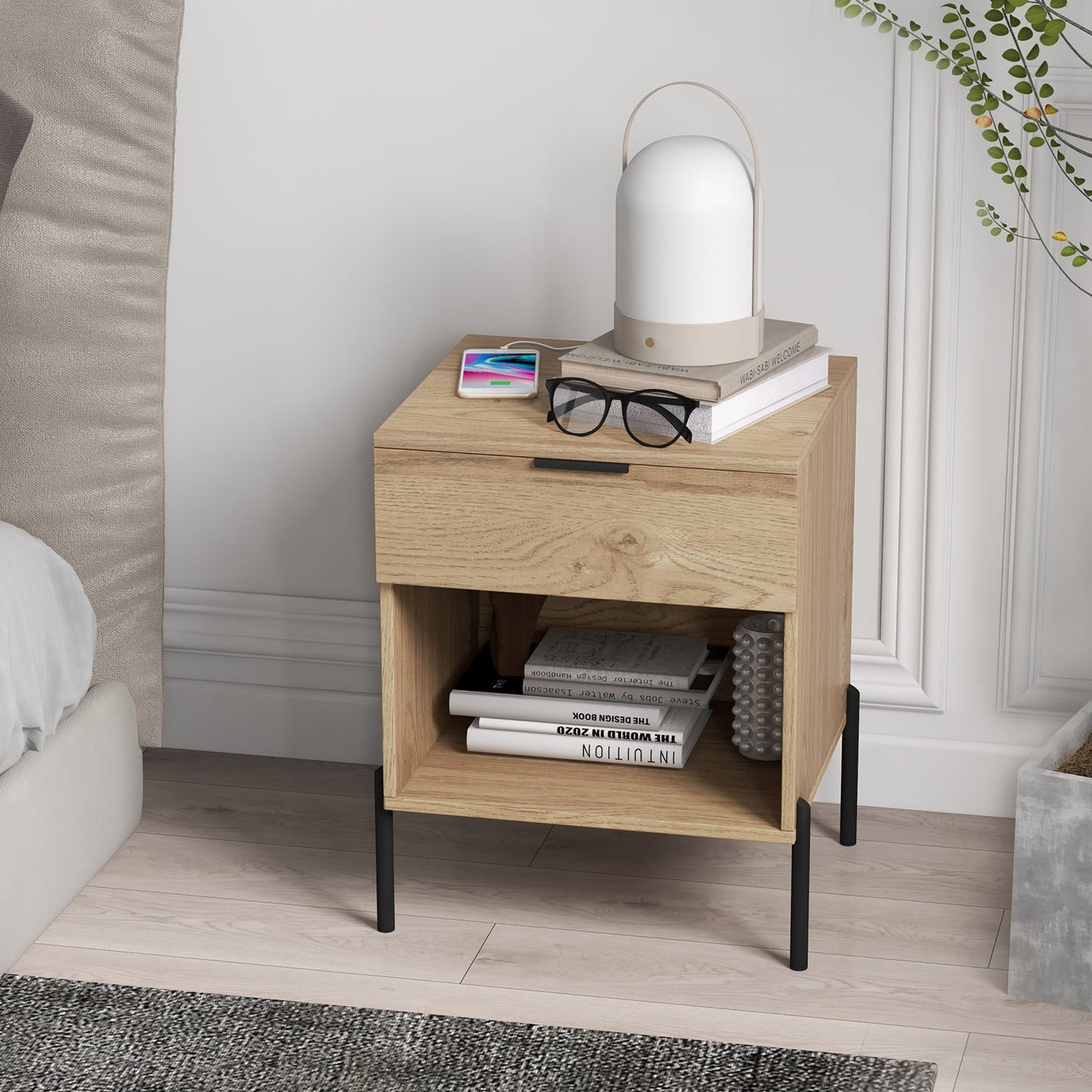 Set of 2 Mid Century Modern Nightstand with Charging Station and Open Compartment
