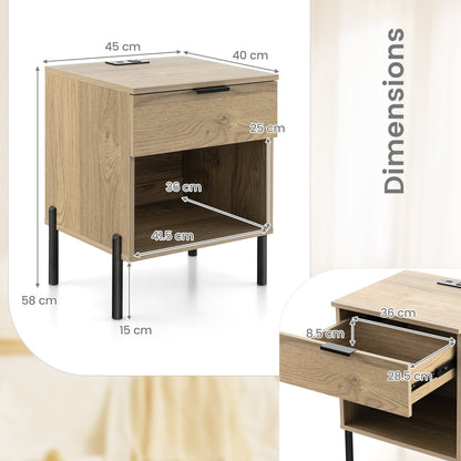 Set of 2 Mid Century Modern Nightstand with Charging Station and Open Compartment