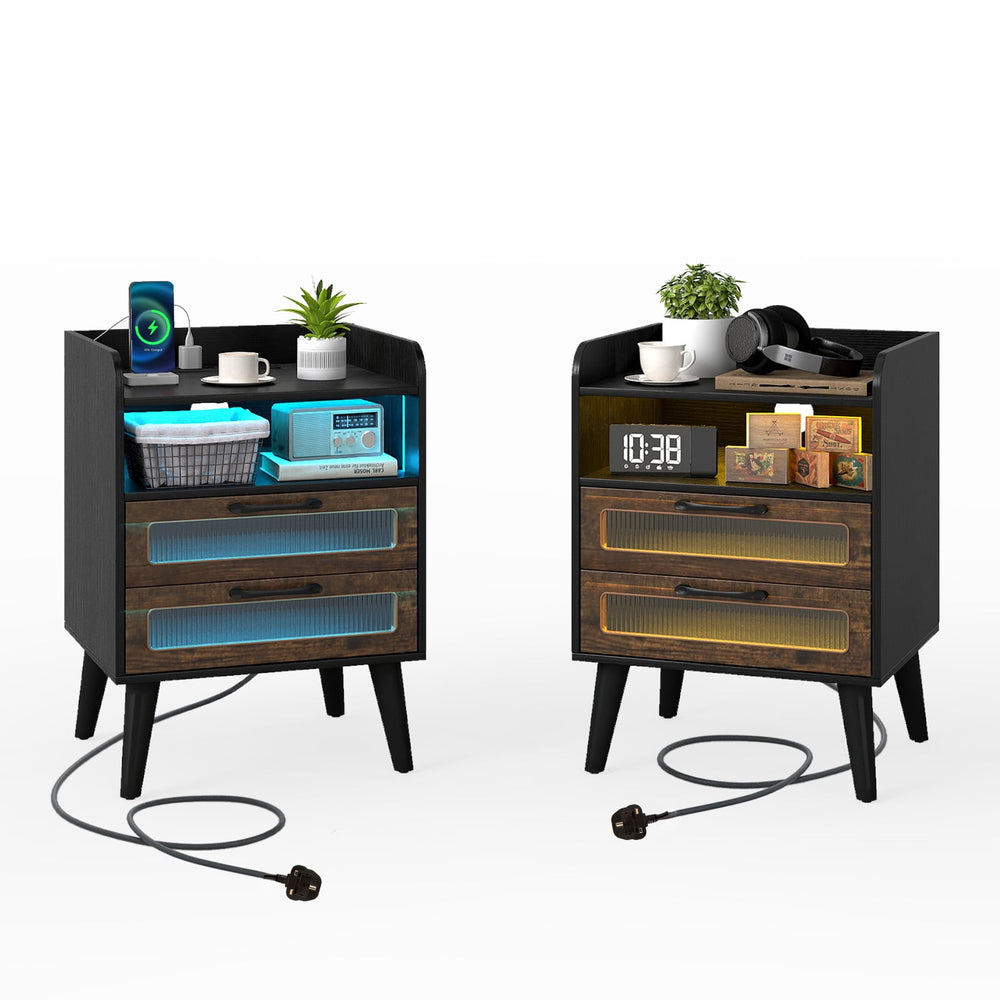 Set of 2 Mid Century Nightstand Modern Bedside Table with Charging Station-Black