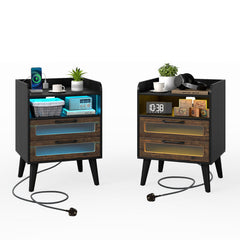 Set of 2 Mid Century Nightstand Modern Bedside Table with Charging Station-Black