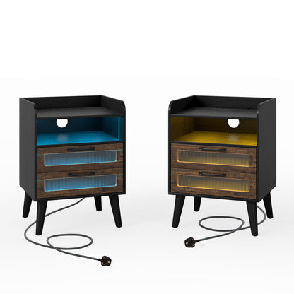 Set of 2 Mid Century Nightstand Modern Bedside Table with Charging Station-Black