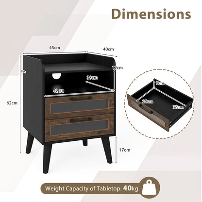 Set of 2 Mid Century Nightstand Modern Bedside Table with Charging Station-Black