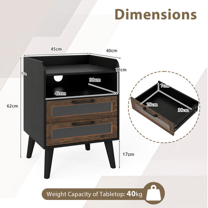 Set of 2 Mid Century Nightstand Modern Bedside Table with Charging Station-Black