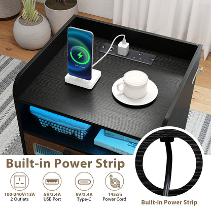 Set of 2 Mid Century Nightstand Modern Bedside Table with Charging Station-Black