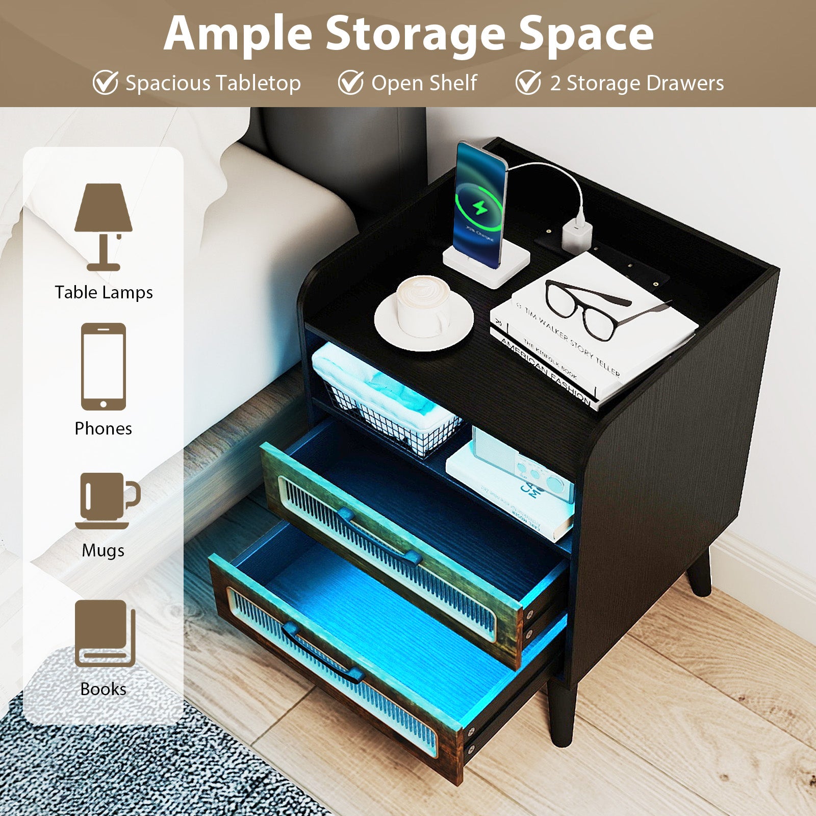 Set of 2 Mid Century Nightstand Modern Bedside Table with Charging Station-Black