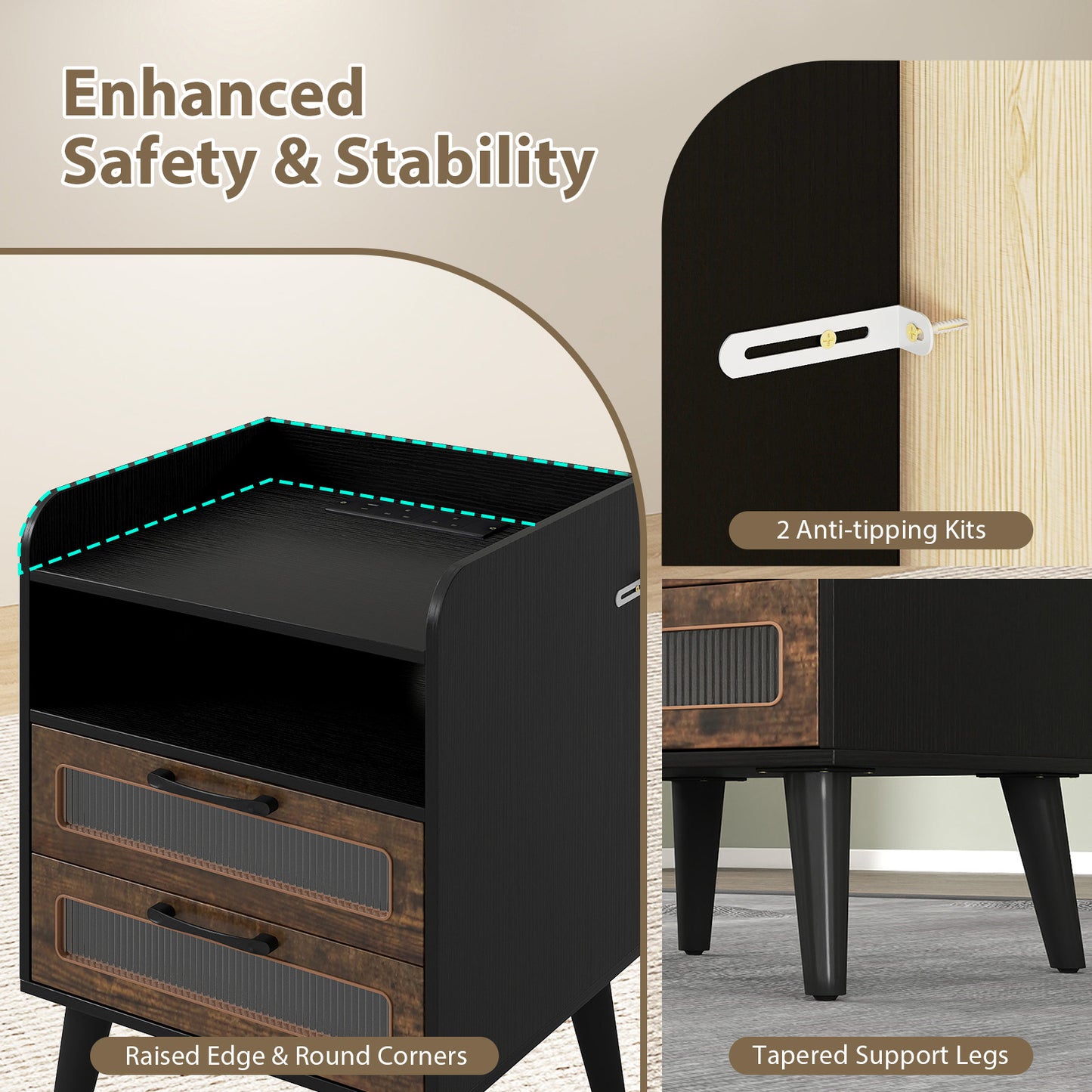 Set of 2 Mid Century Nightstand Modern Bedside Table with Charging Station-Black