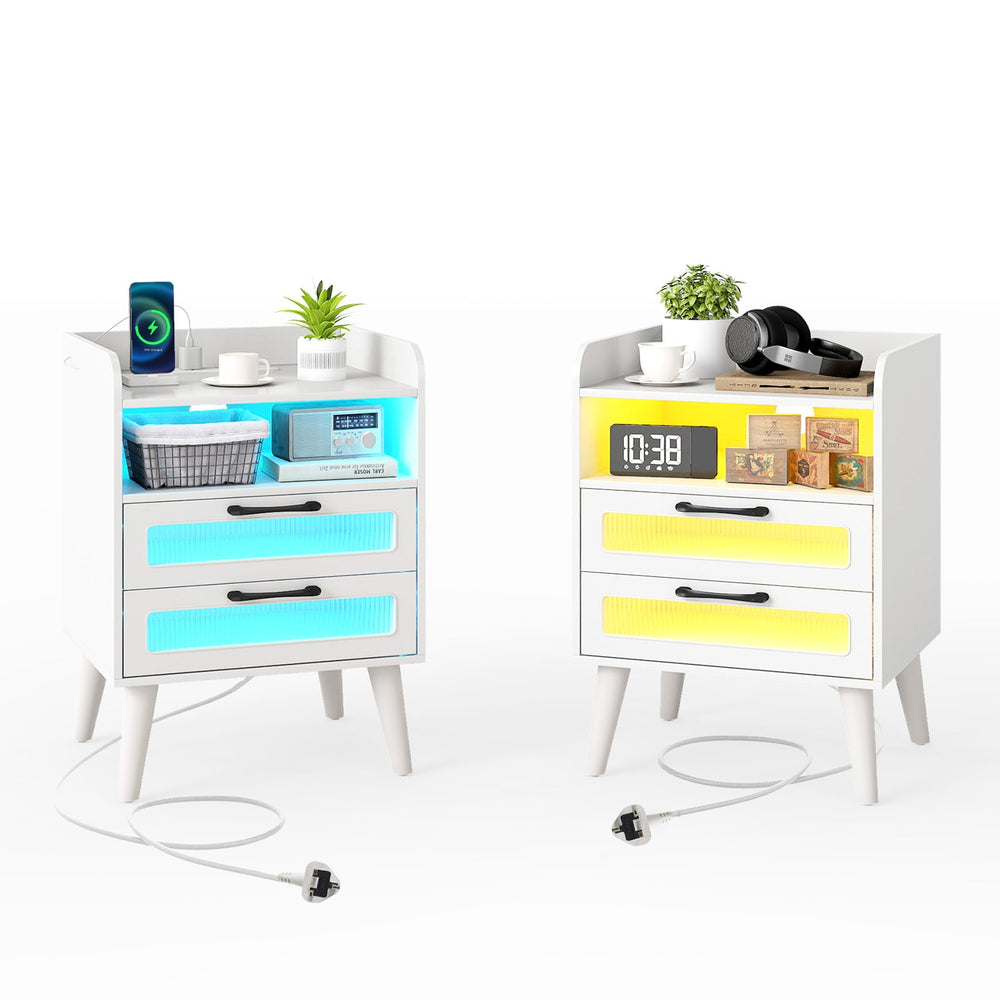 Set of 2 Mid Century Nightstand Modern Bedside Table with Charging Station-White