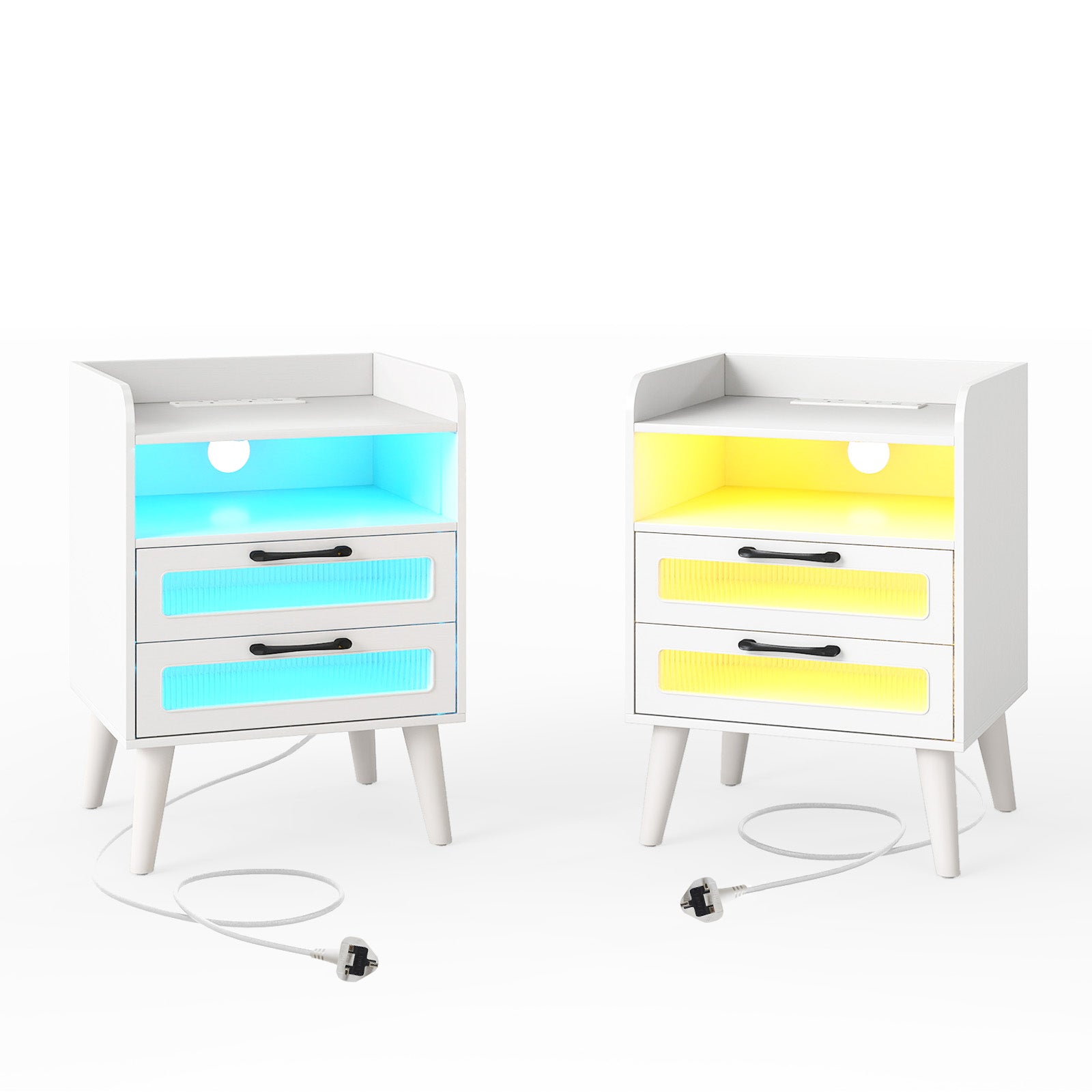 Set of 2 Mid Century Nightstand Modern Bedside Table with Charging Station-White
