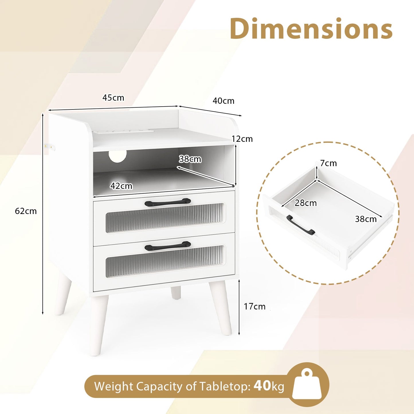 Set of 2 Mid Century Nightstand Modern Bedside Table with Charging Station-White